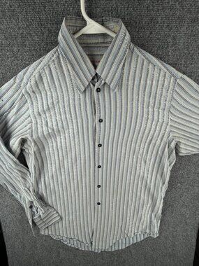 Versace Classic AOP Logos Striped Blue Button Up Shirt 15.5 Designer Spellout